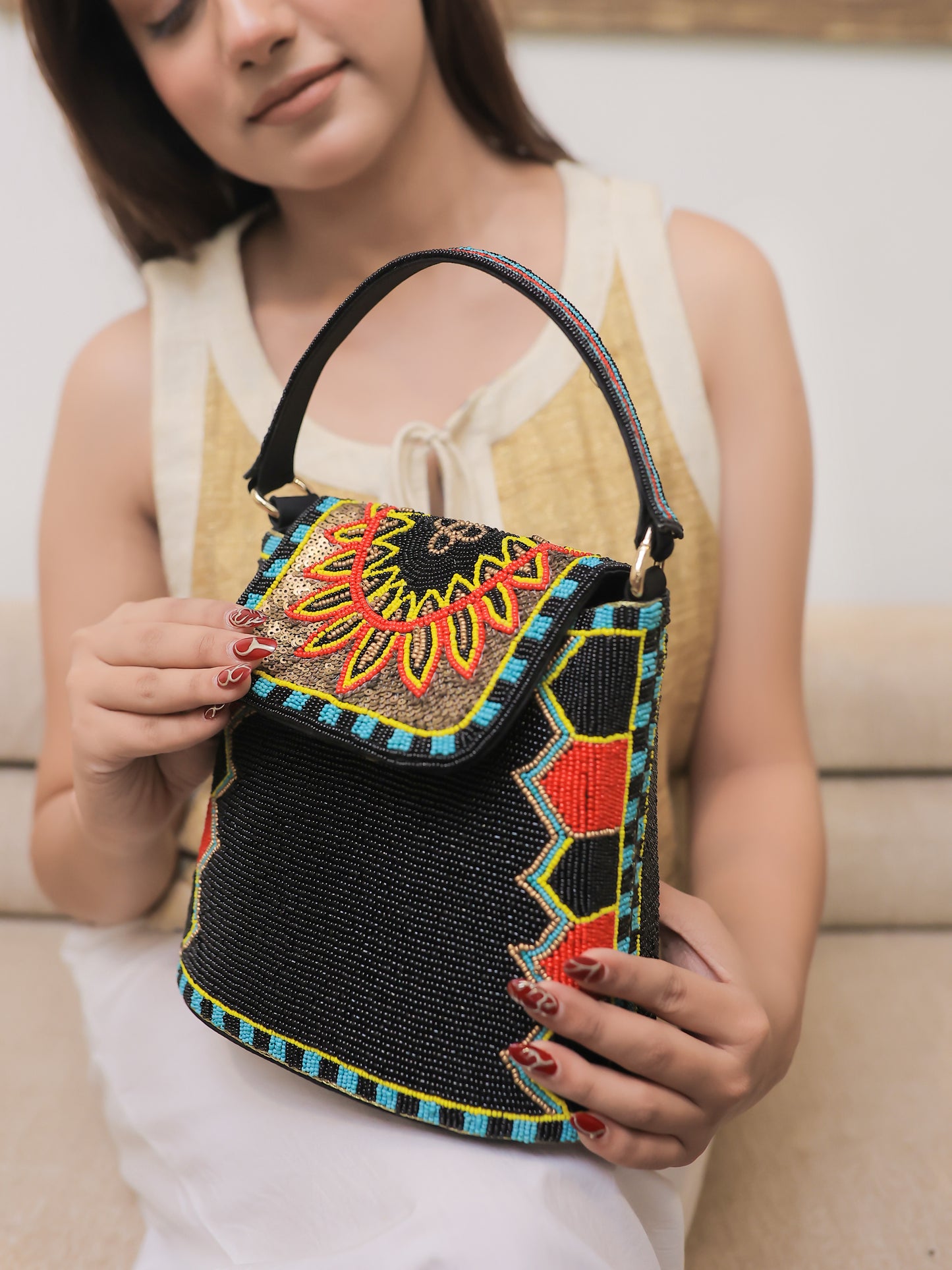 Black Bucket Bag with a multicolour flap