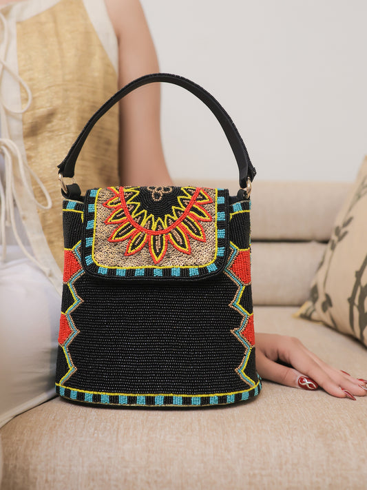 Black Bucket Bag with a multicolour flap