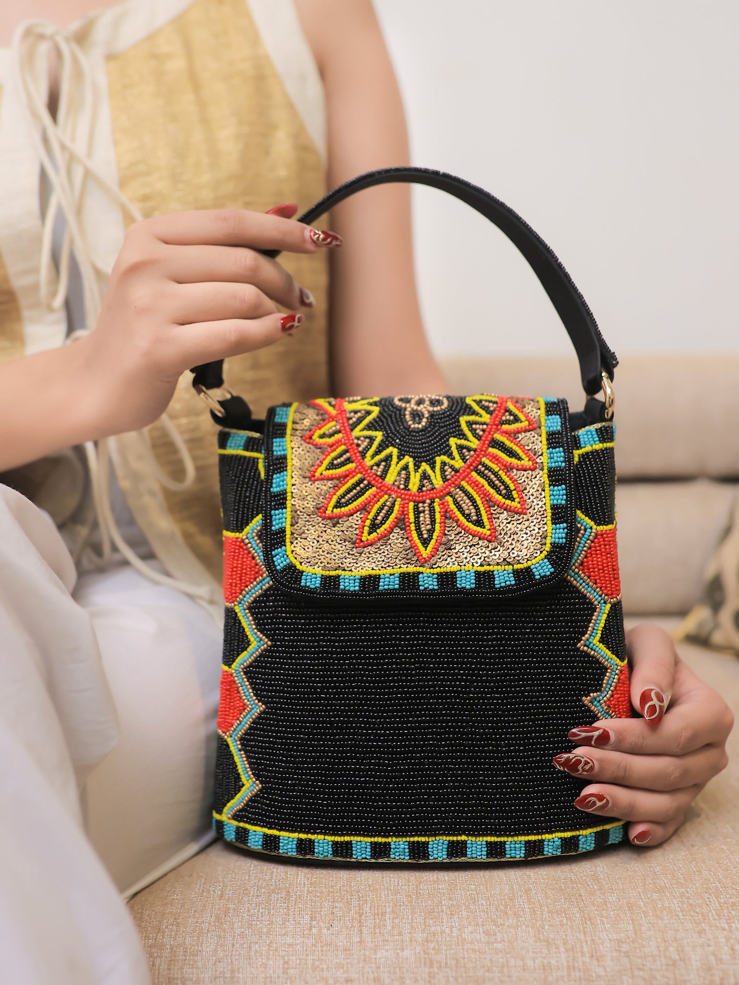 Black Bucket Bag with a multicolour flap