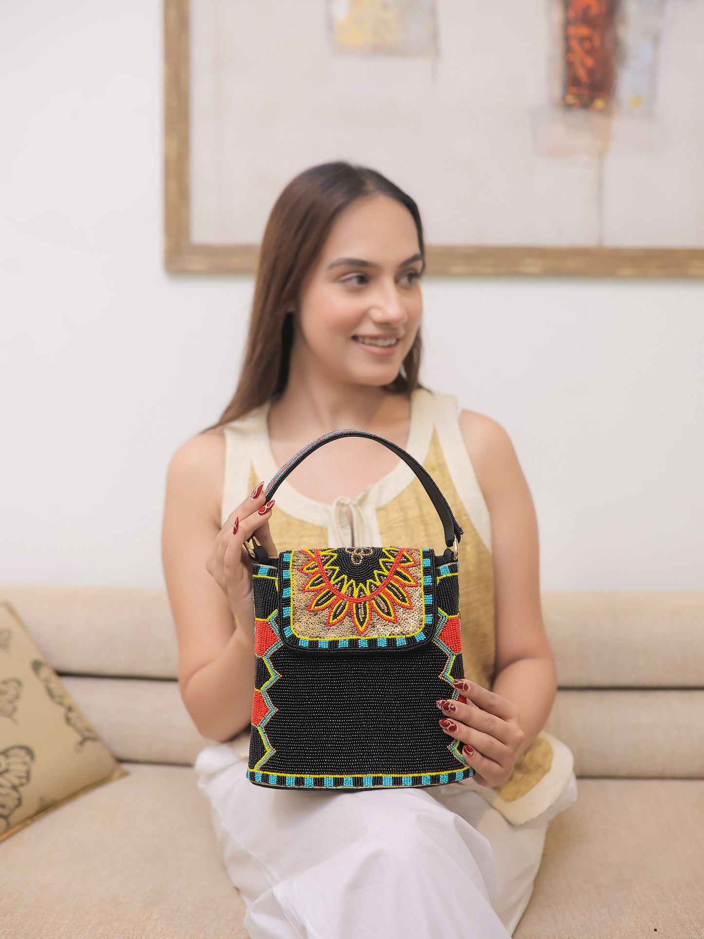 Black Bucket Bag with a multicolour flap