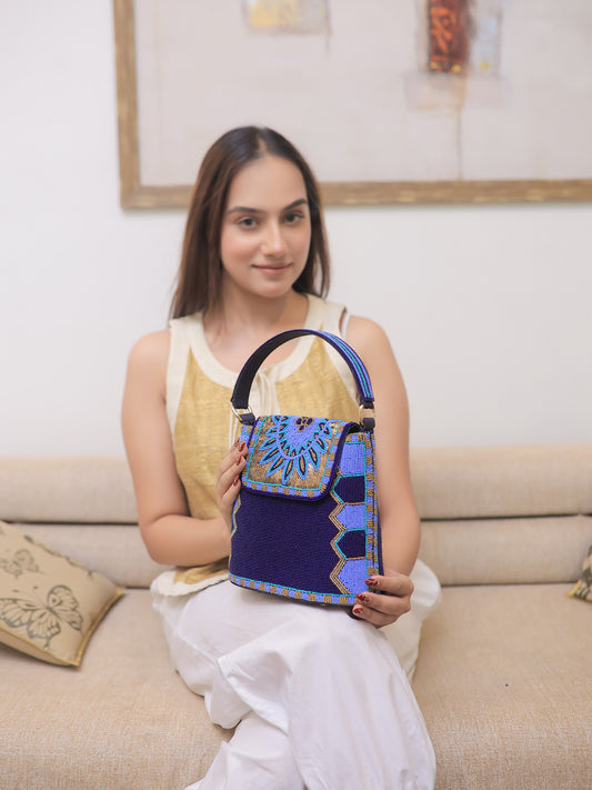 Blue Bucket Bag with a bluish tone flap