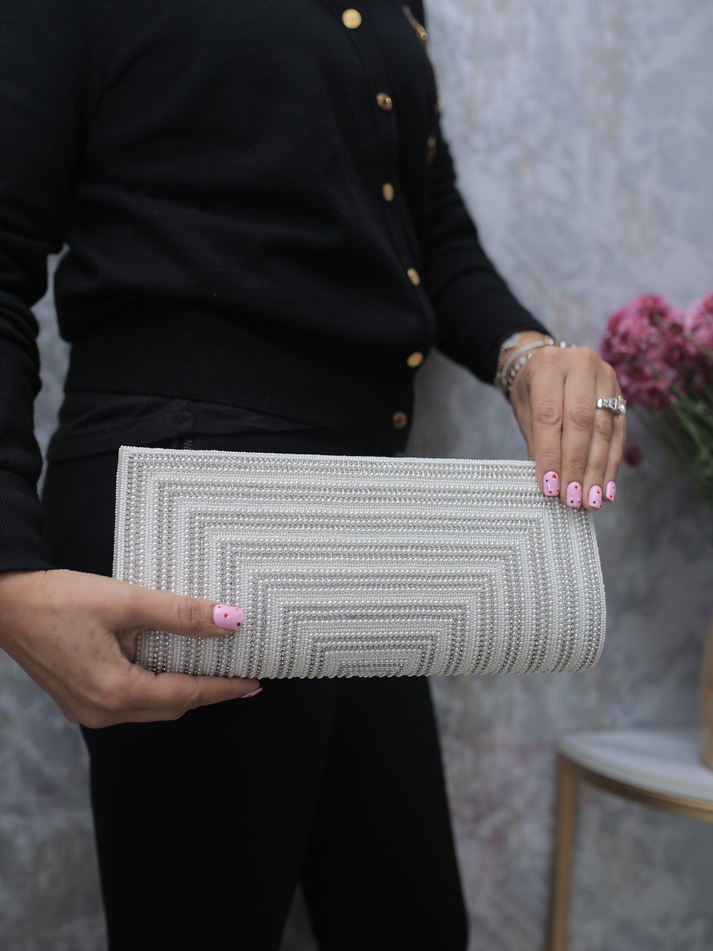 Cream Pearl and Stone Clutch with Sling