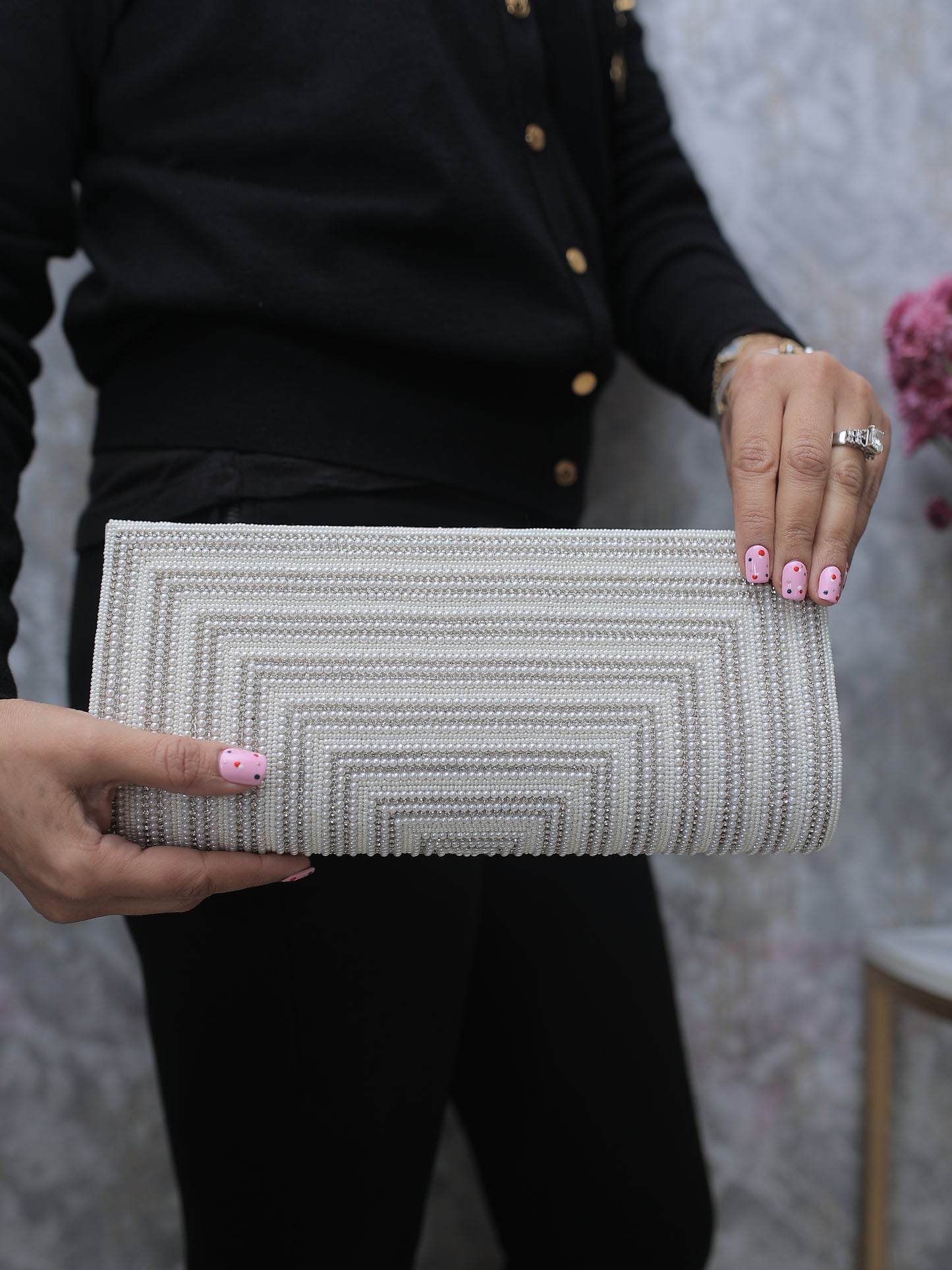 Cream Pearl and Stone Clutch with Sling