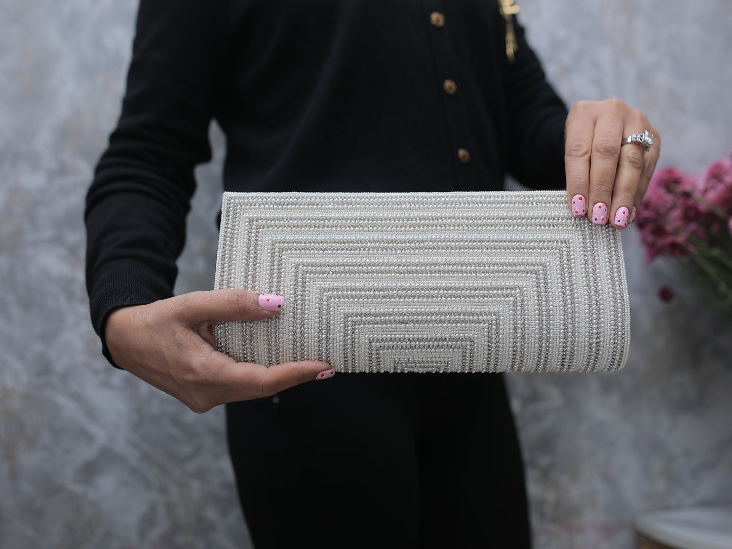 Cream Pearl and Stone Clutch with Sling