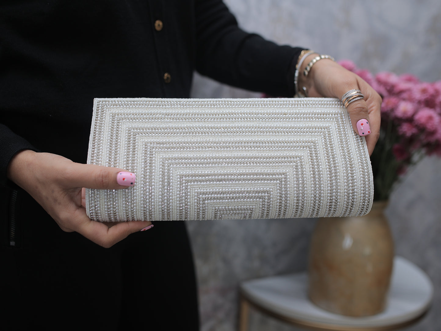 Cream Pearl and Stone Clutch with Sling