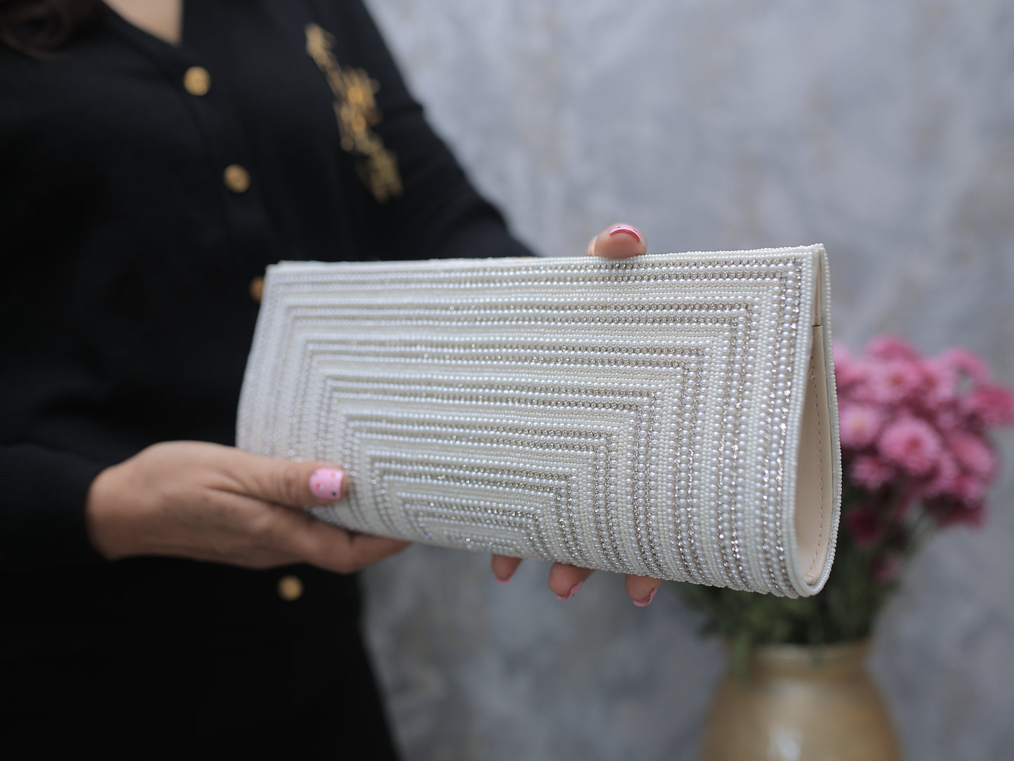 Cream Pearl and Stone Clutch with Sling