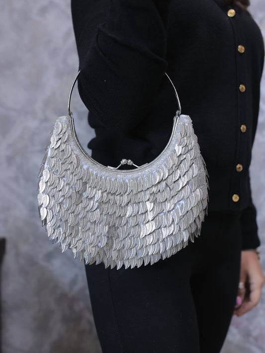 Silver Brass Leaves Round Handle Bag