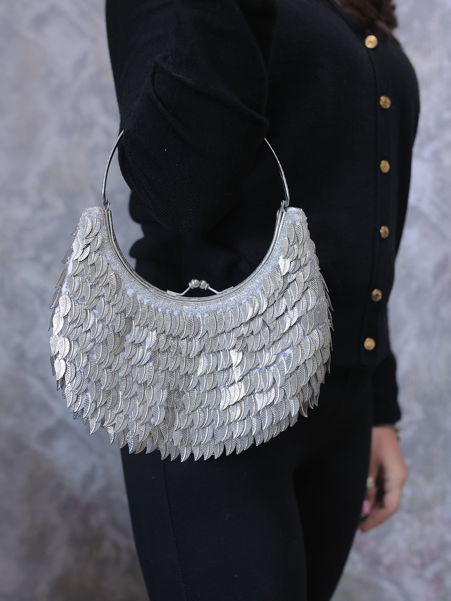 Silver Brass Leaves Round Handle Bag