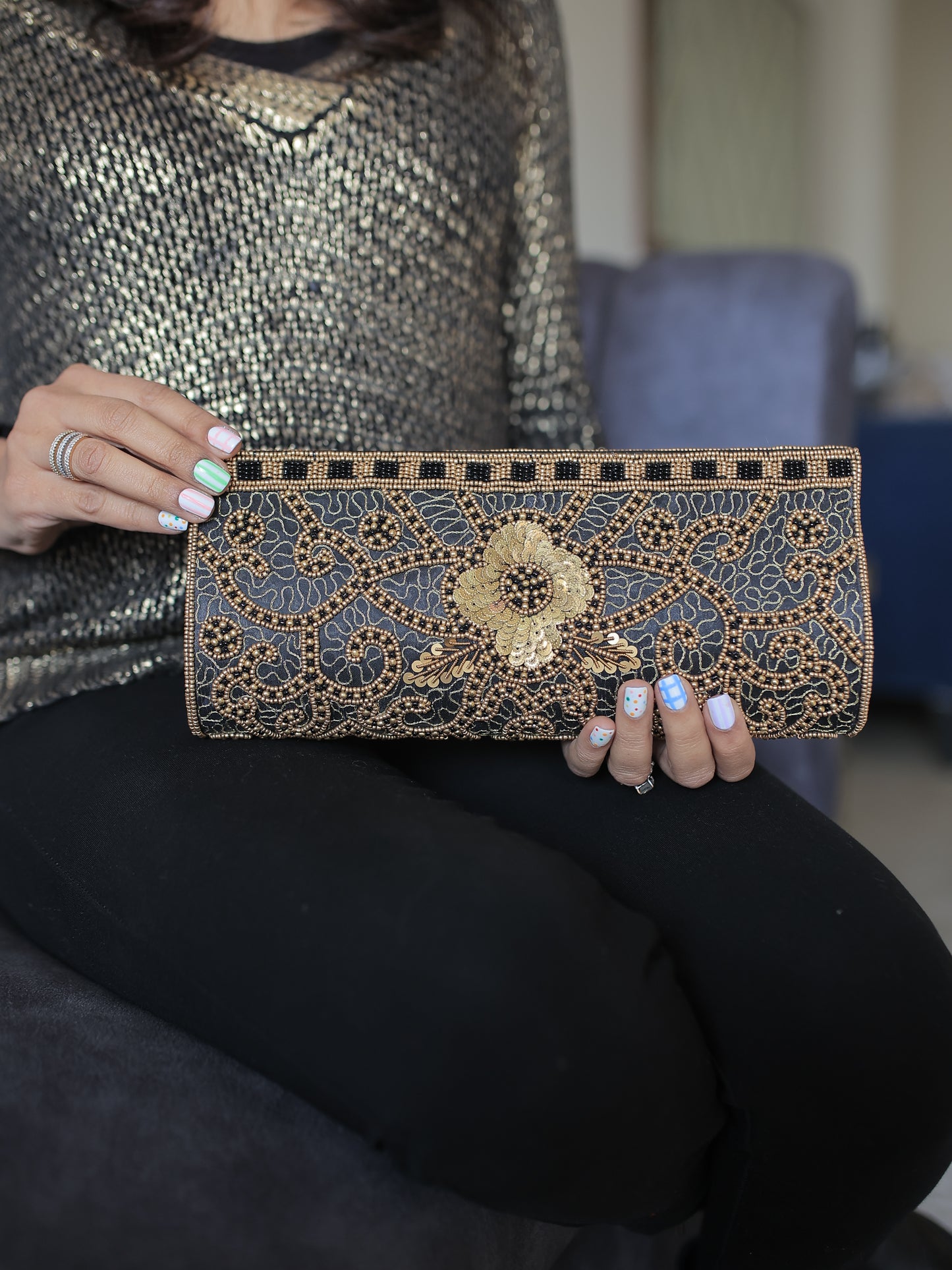 Black and Copper Beaded-Brasswork Clutch with Sling