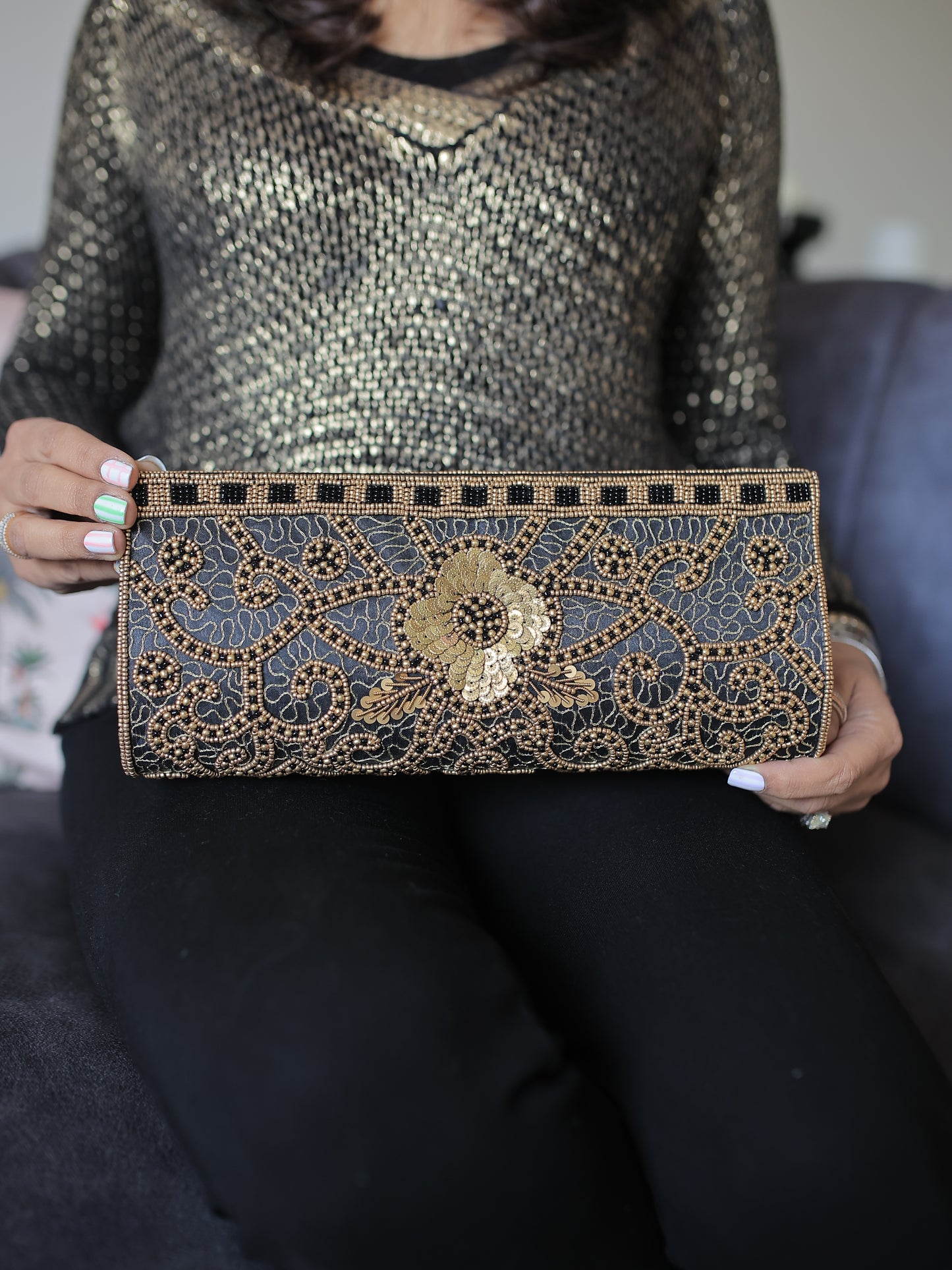 Black and Copper Beaded-Brasswork Clutch with Sling