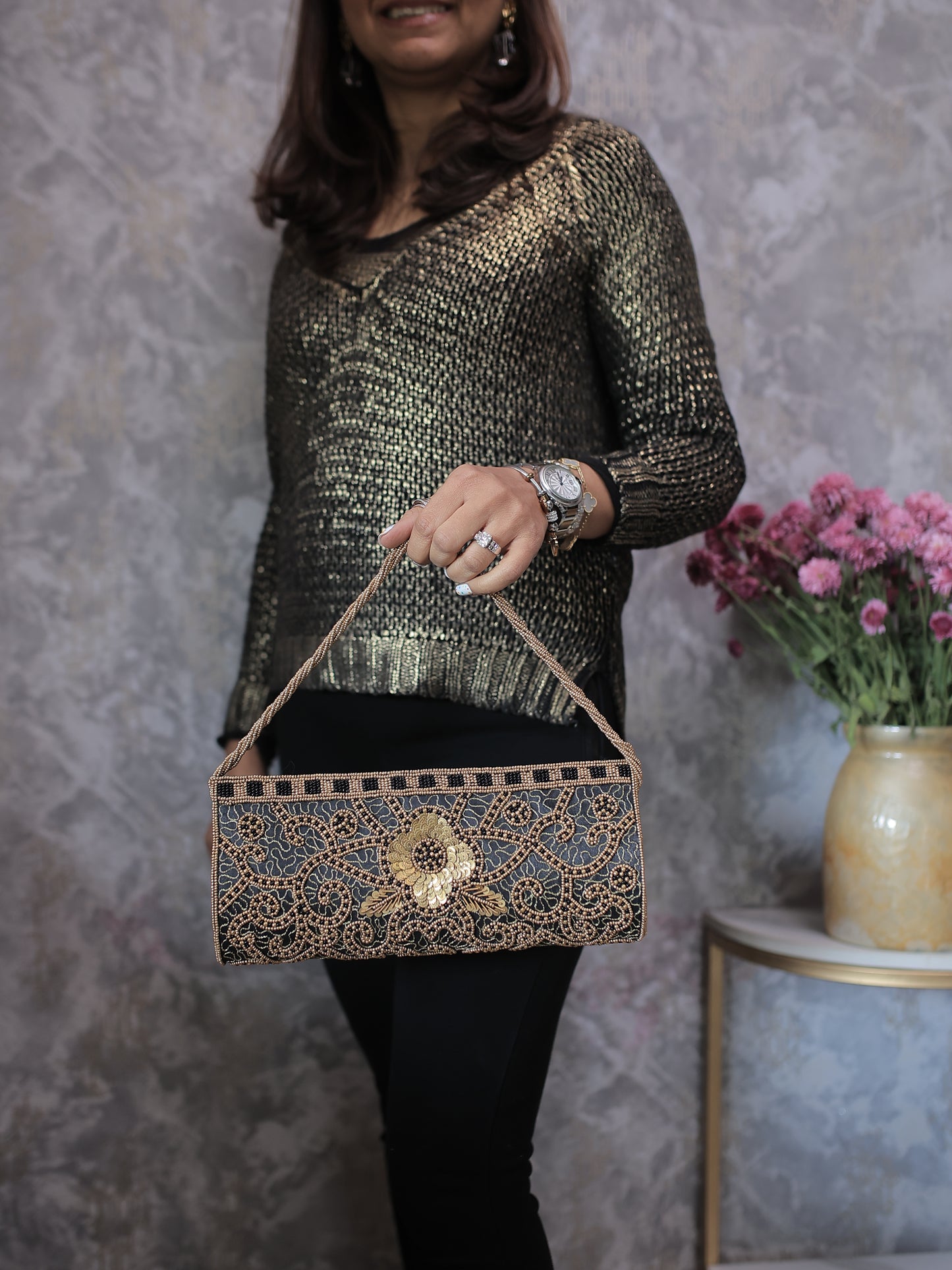 Black and Copper Beaded-Brasswork Clutch with Sling