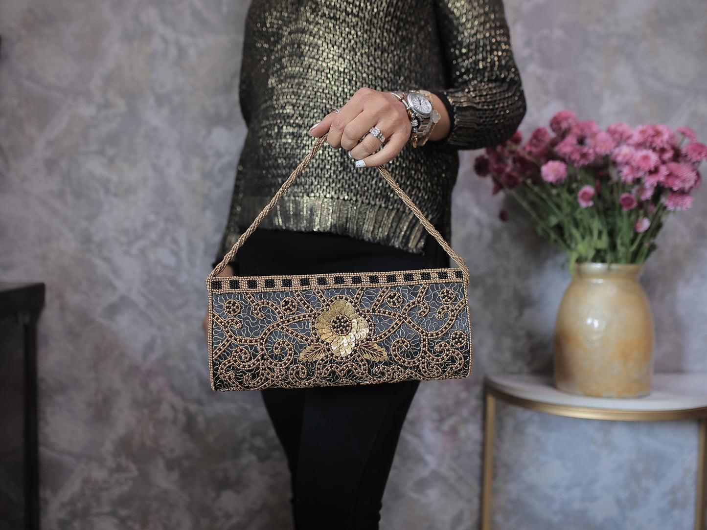 Black and Copper Beaded-Brasswork Clutch with Sling