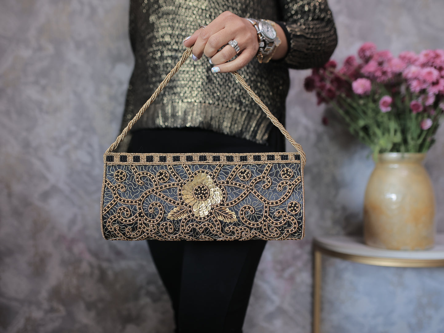 Black and Copper Beaded-Brasswork Clutch with Sling