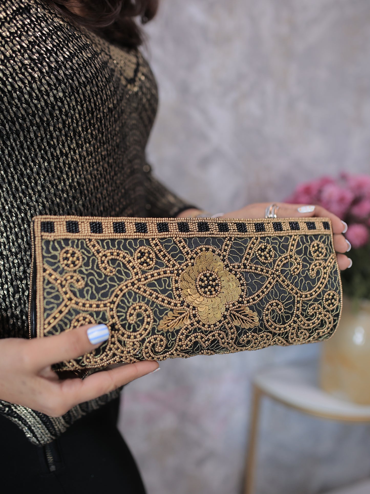 Black and Copper Beaded-Brasswork Clutch with Sling