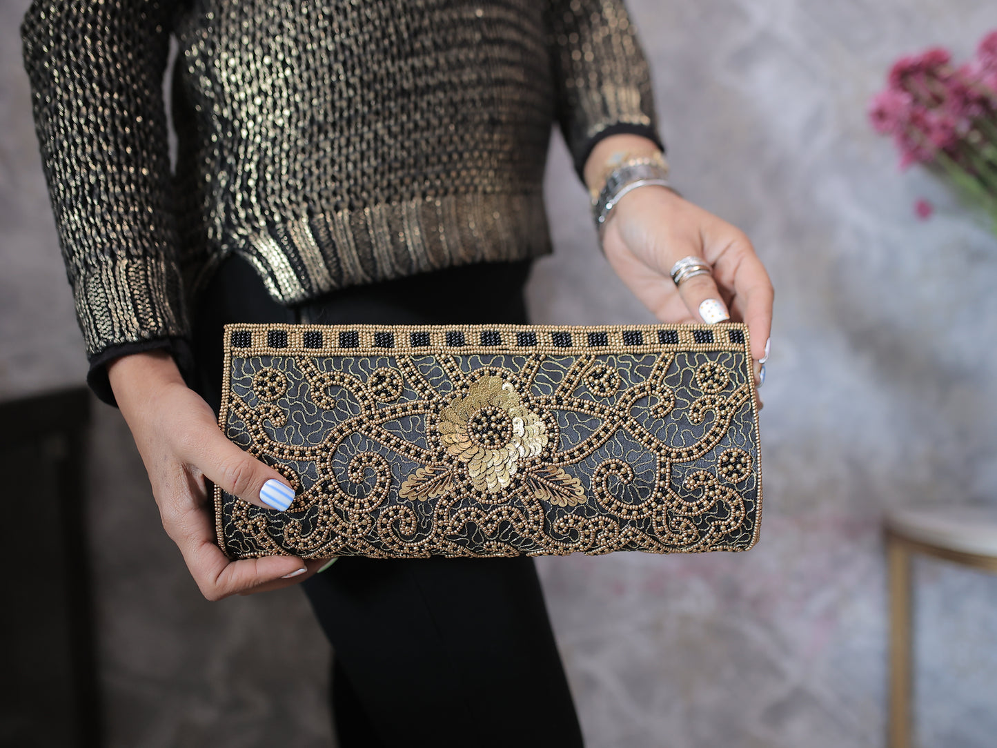 Black and Copper Beaded-Brasswork Clutch with Sling