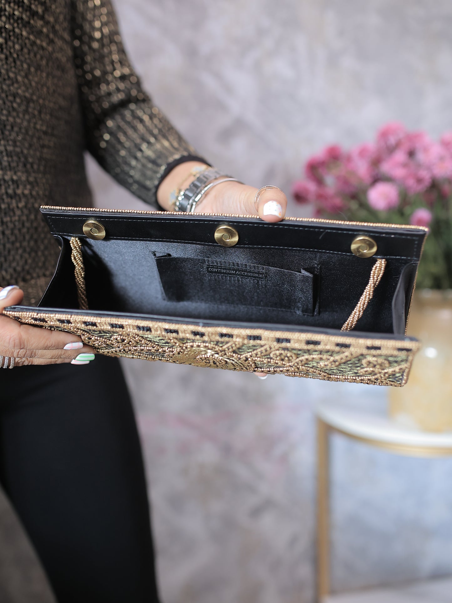 Black and Copper Beaded-Brasswork Clutch with Sling