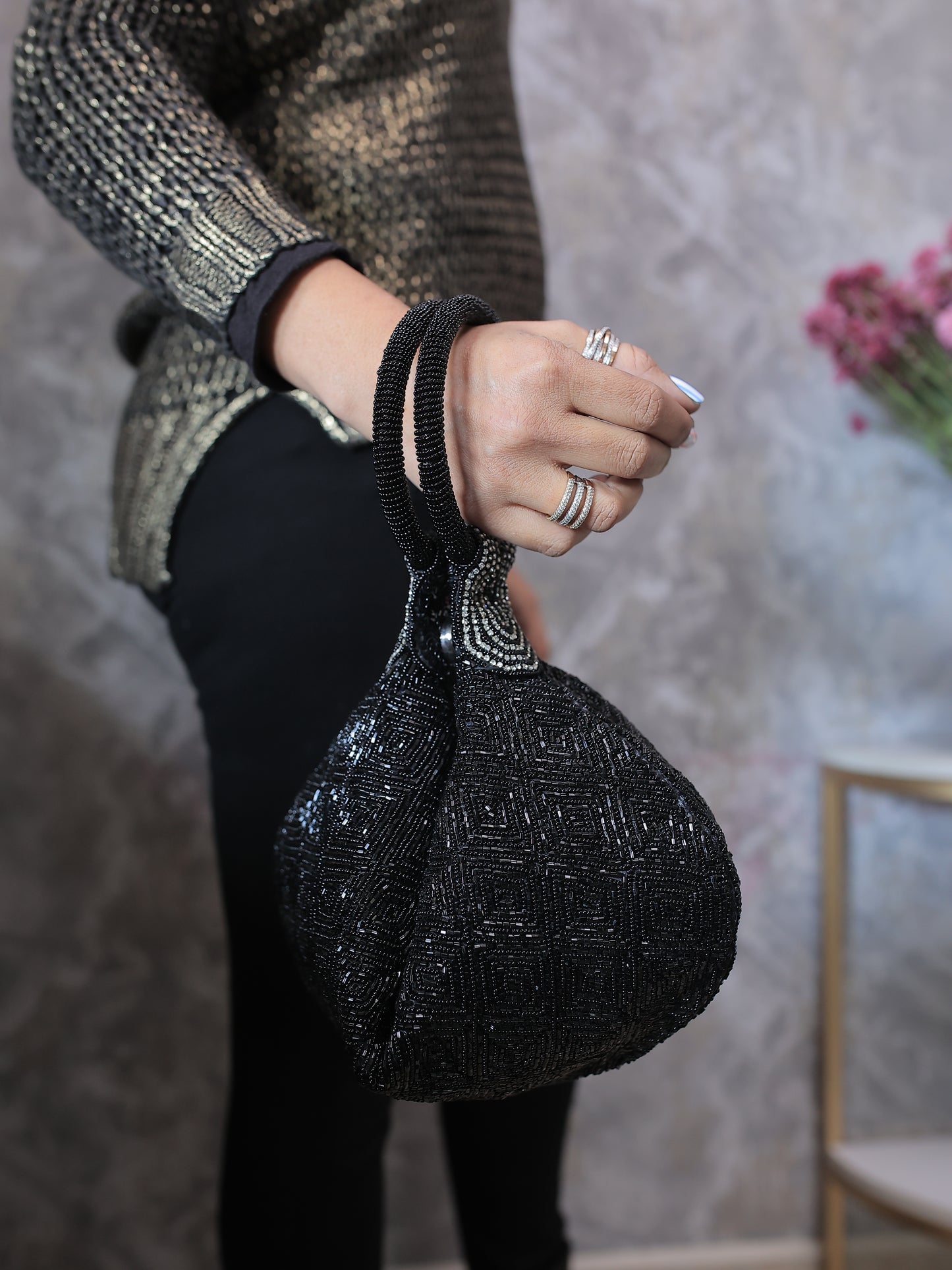 All Black Bangle Bag with Diamontees