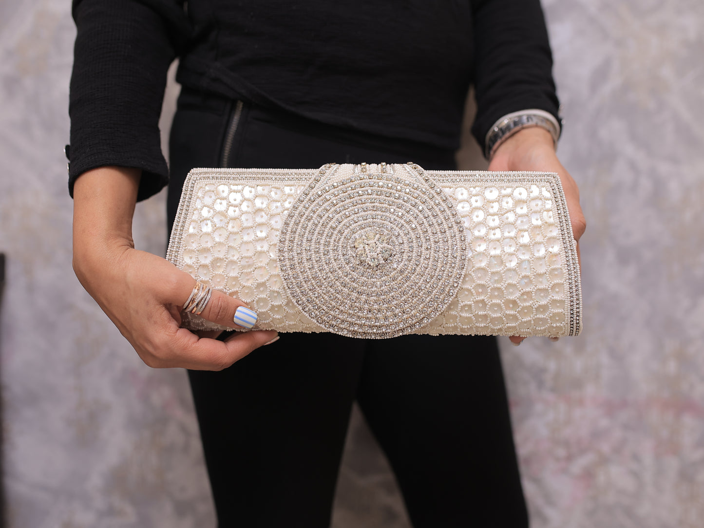 Cream Clutch with Diamontee Round Flap and Sling