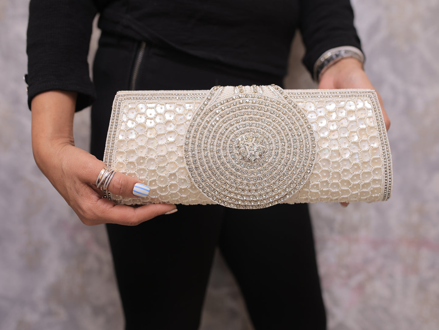 Cream Clutch with Diamontee Round Flap and Sling