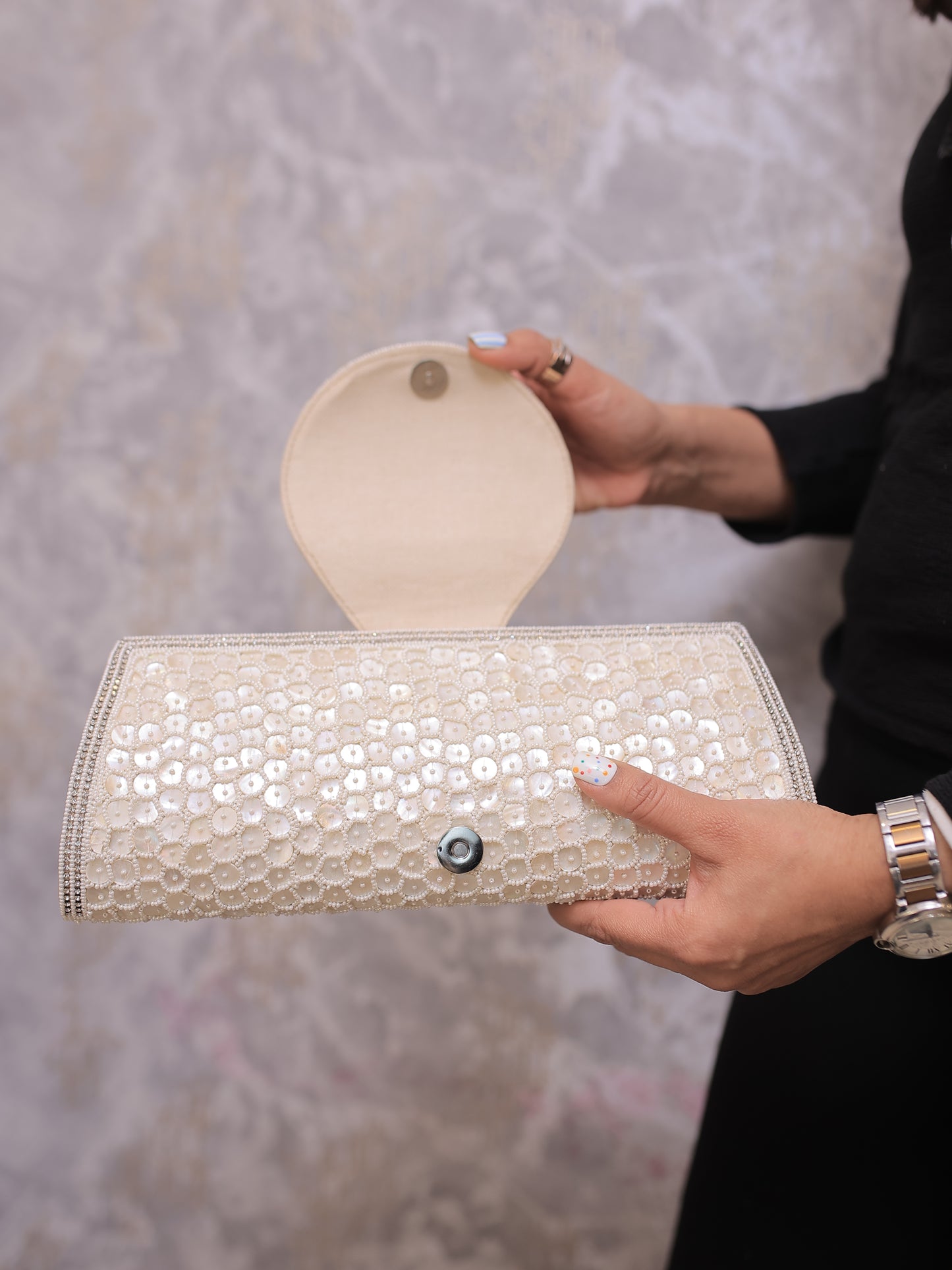 Cream Clutch with Diamontee Round Flap and Sling