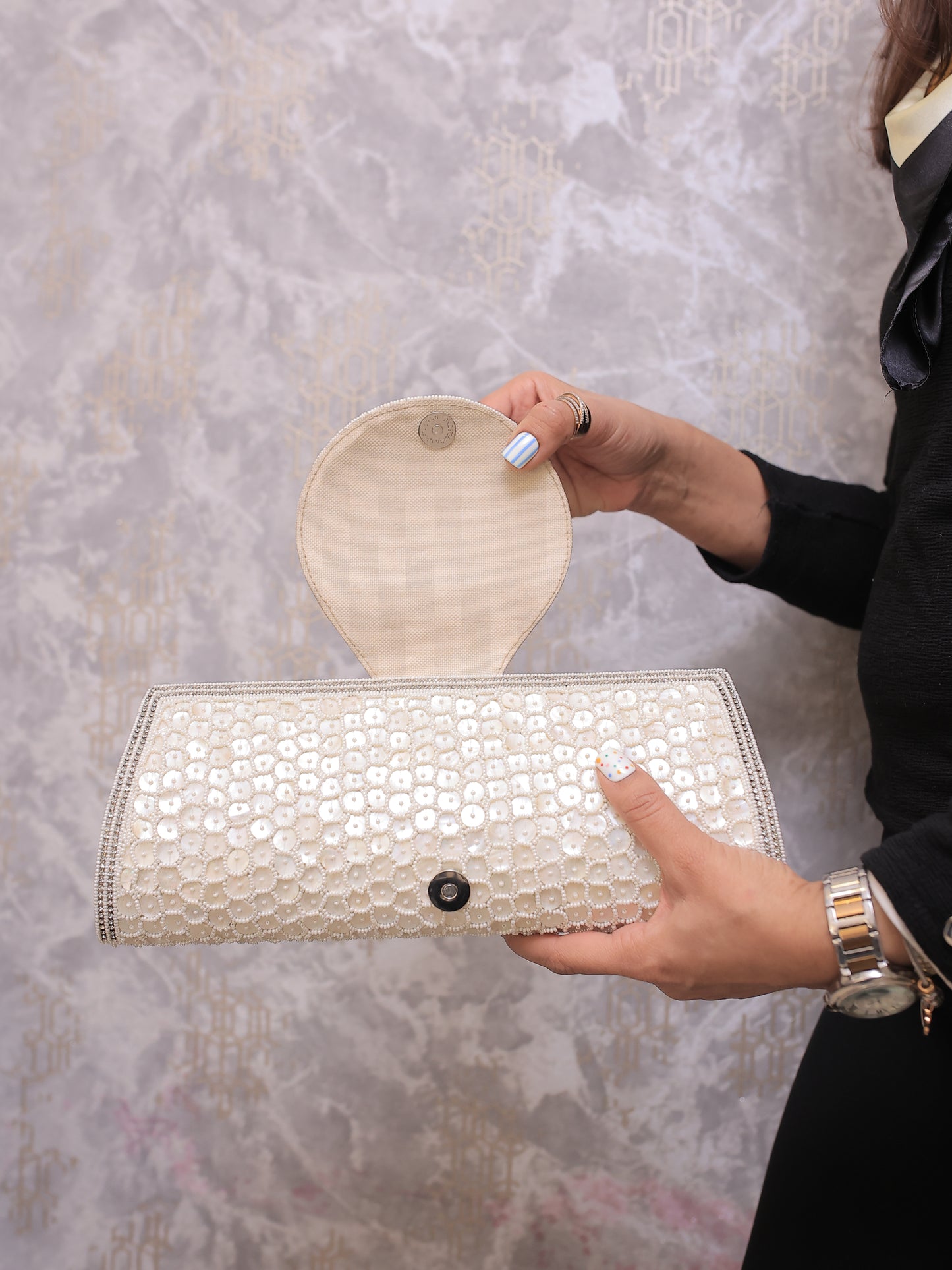 Cream Clutch with Diamontee Round Flap and Sling