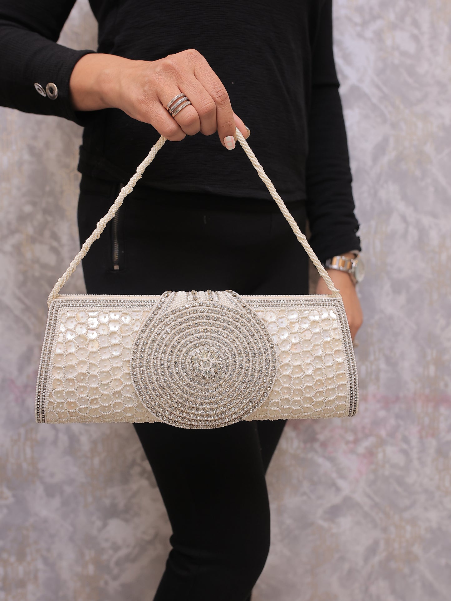 Cream Clutch with Diamontee Round Flap and Sling