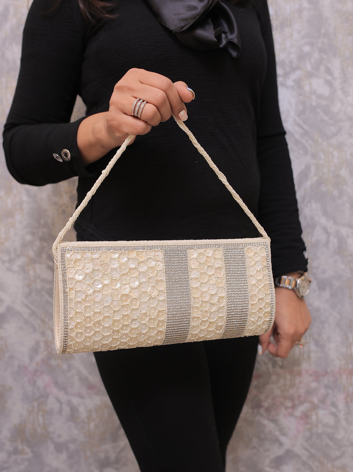 Cream Shell Clutch with Two Rows of Diamontees and Sling