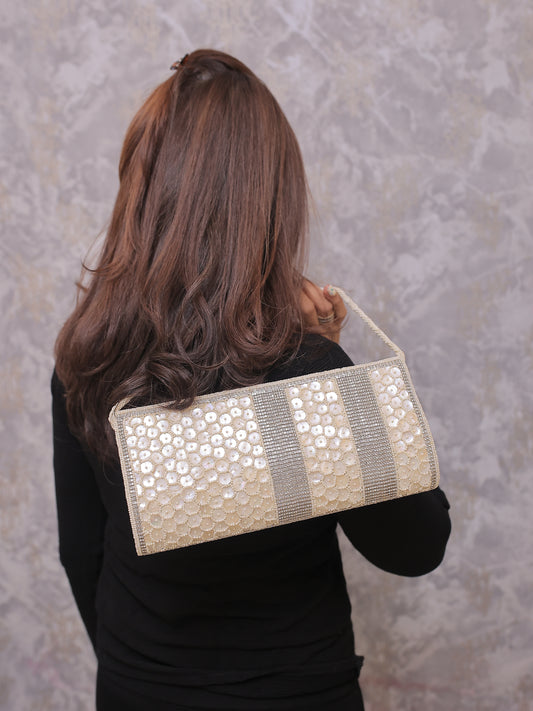 Cream Shell Clutch with Two Rows of Diamontees and Sling