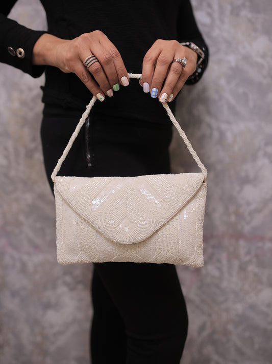 White Sequin-Beaded Flat Clutch with Sling