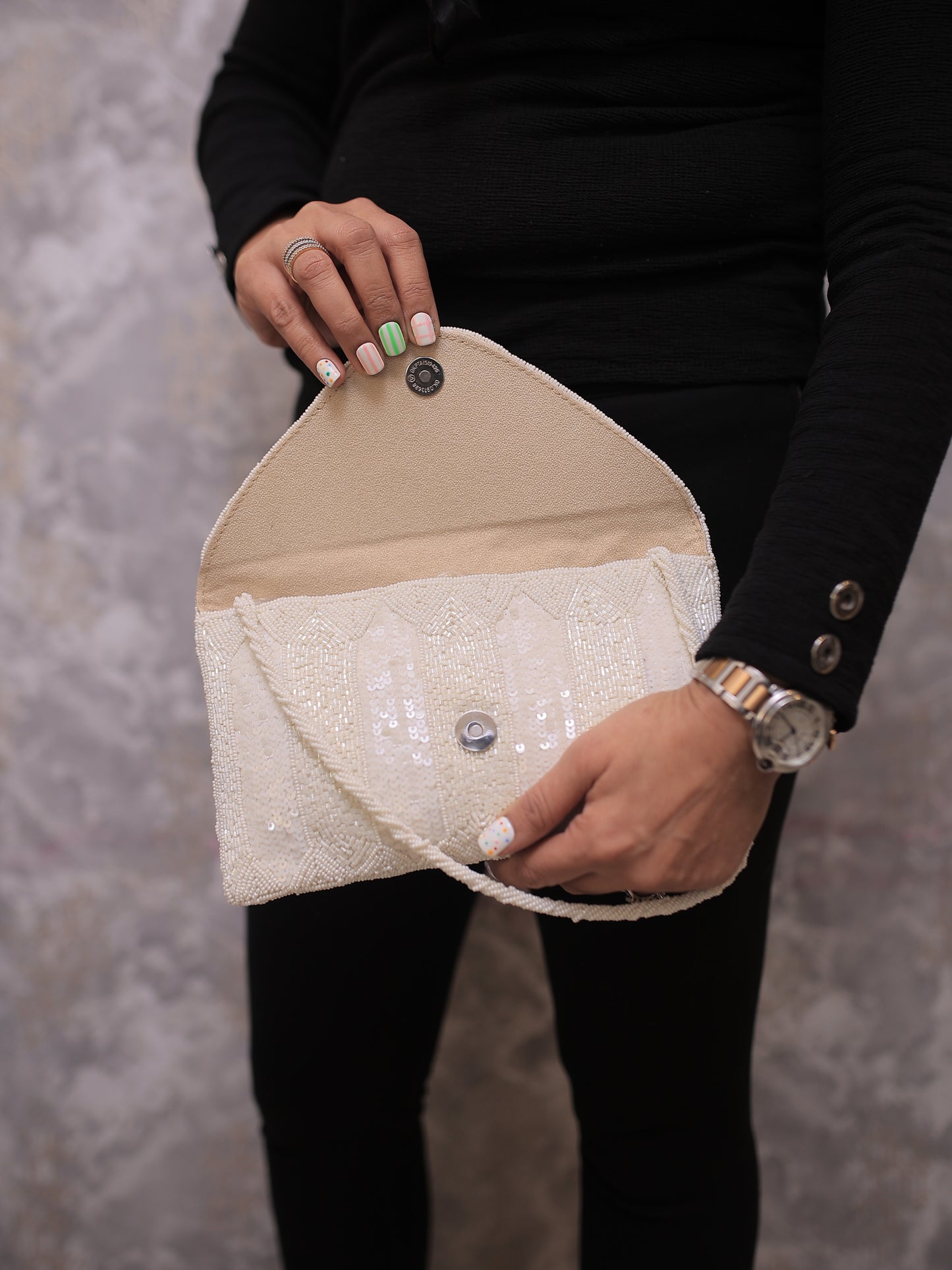 White Sequin-Beaded Flat Clutch with Sling