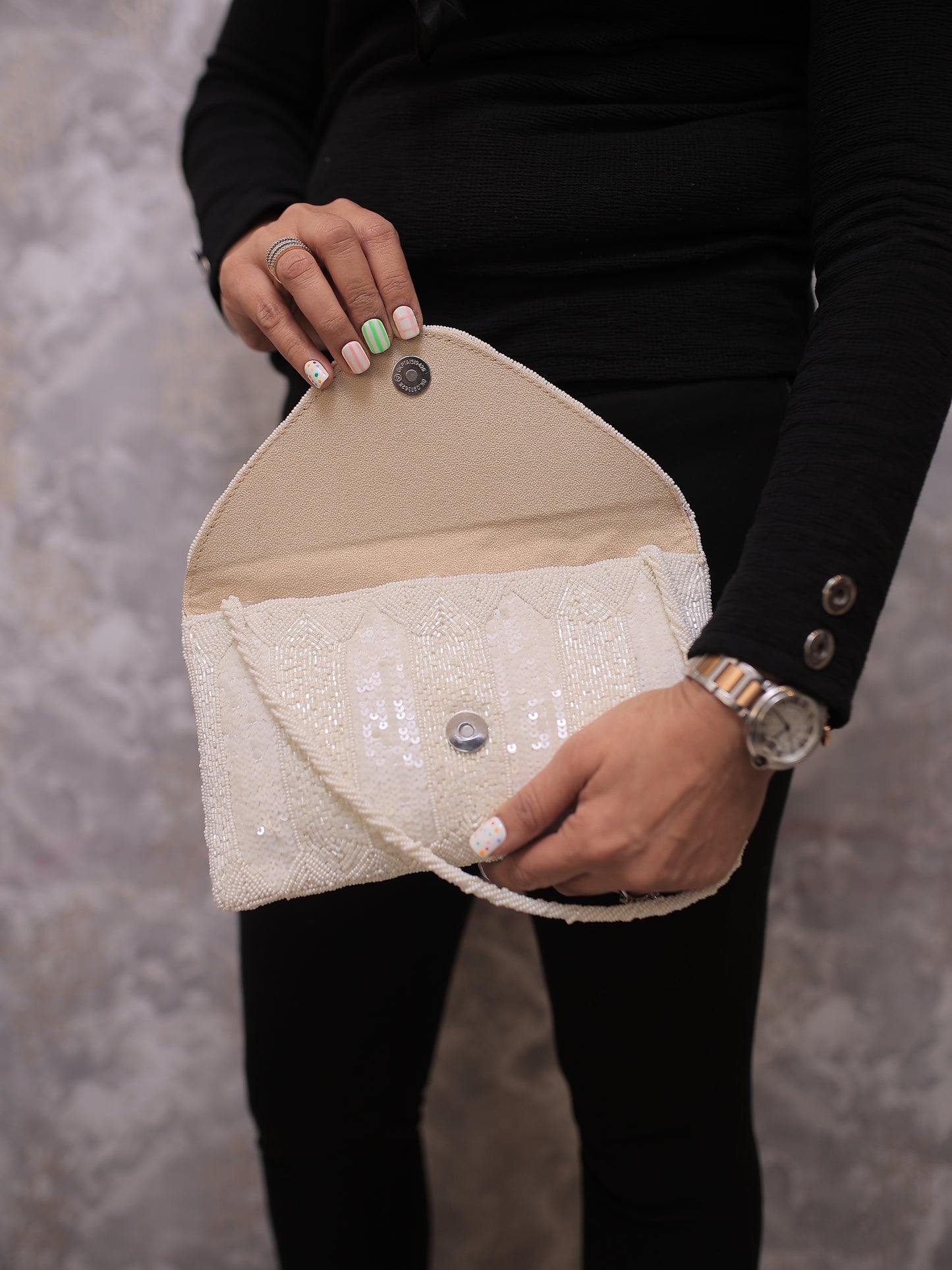 White Sequin-Beaded Flat Clutch with Sling