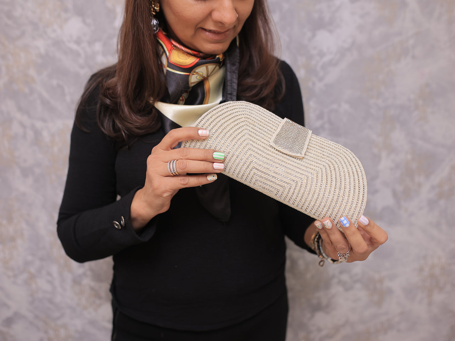 Cream Beaded Clutch with Stones and Centre Flap, with Sling