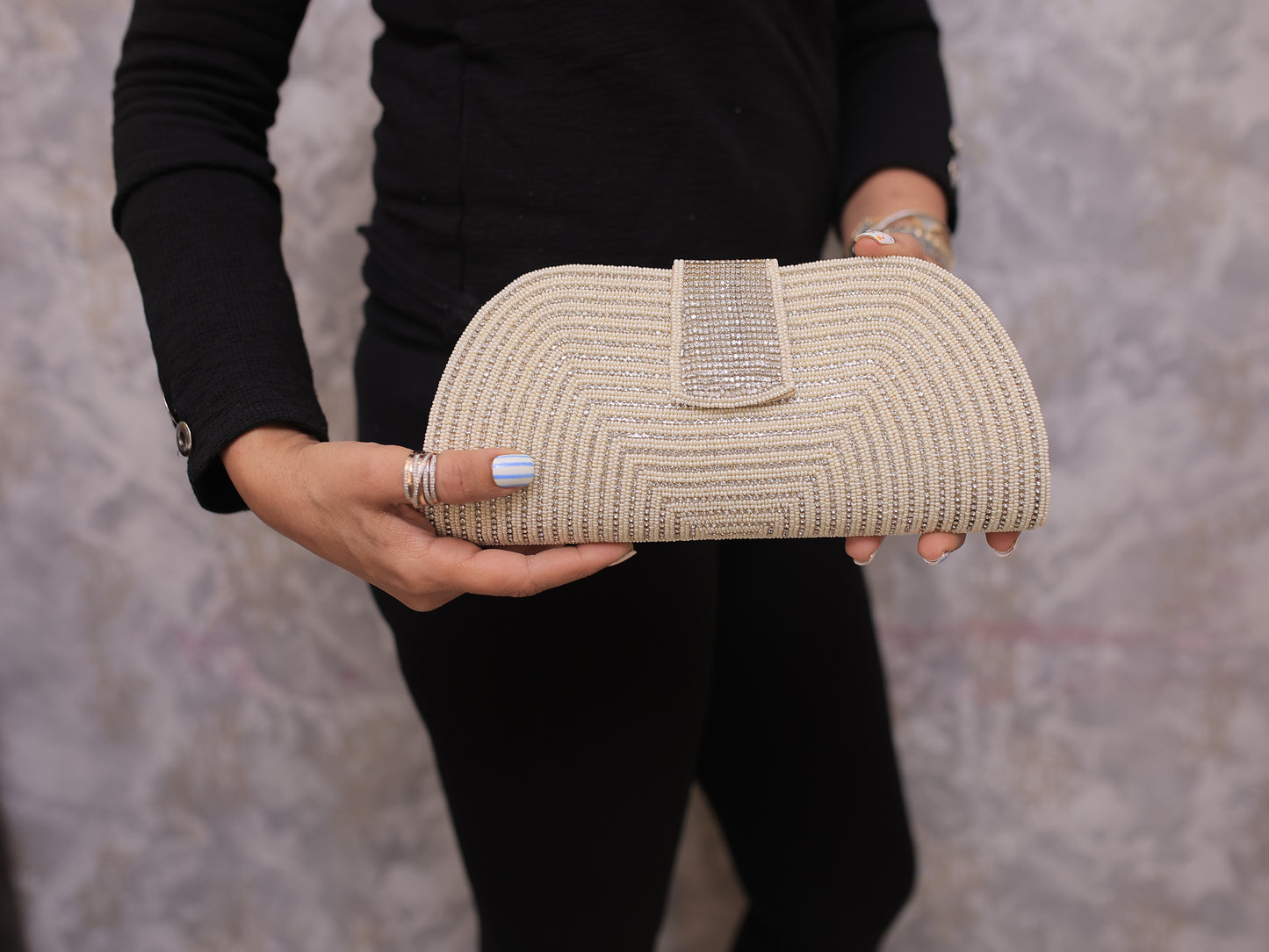 Cream Beaded Clutch with Stones and Centre Flap, with Sling