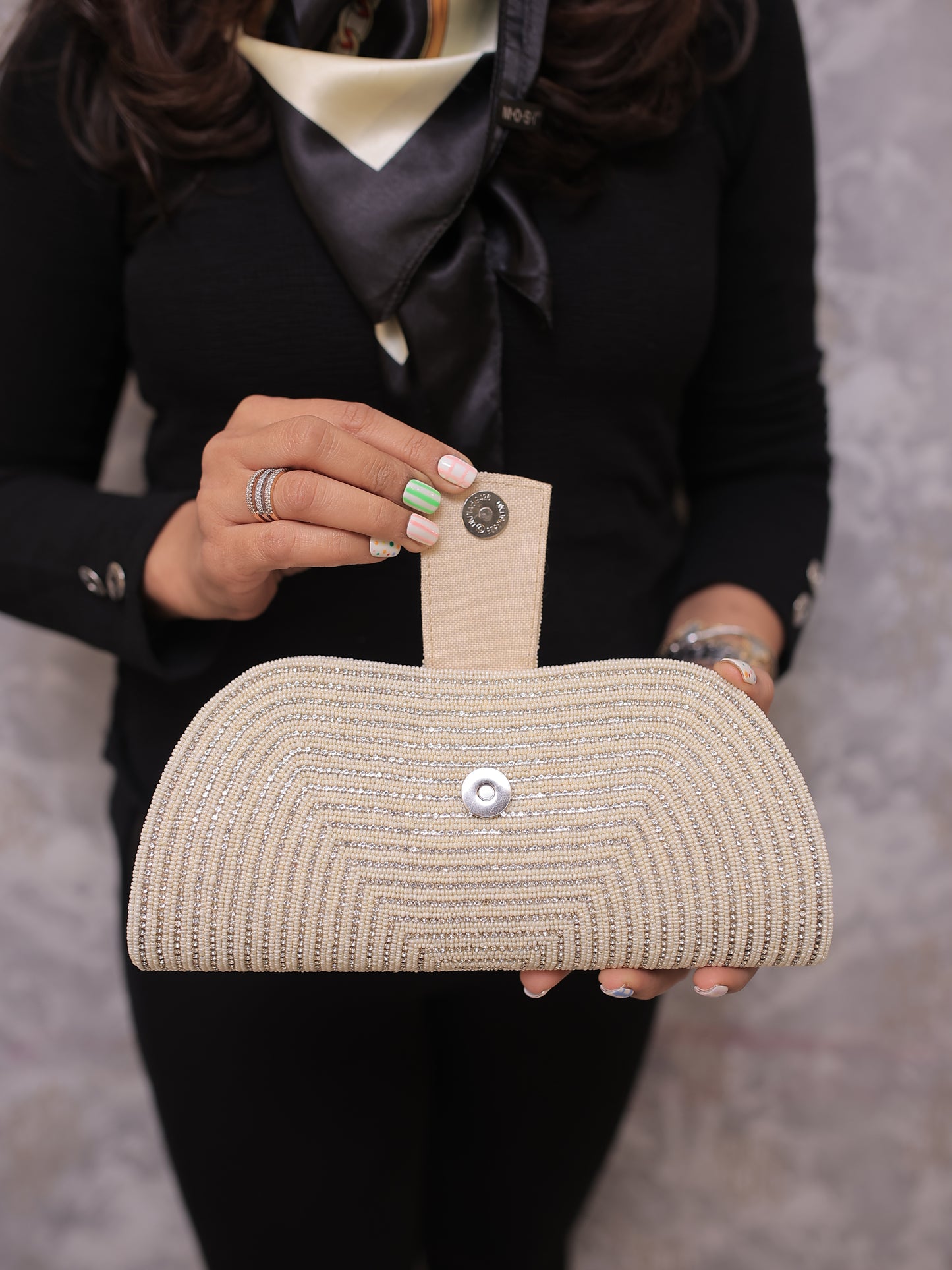 Cream Beaded Clutch with Stones and Centre Flap, with Sling