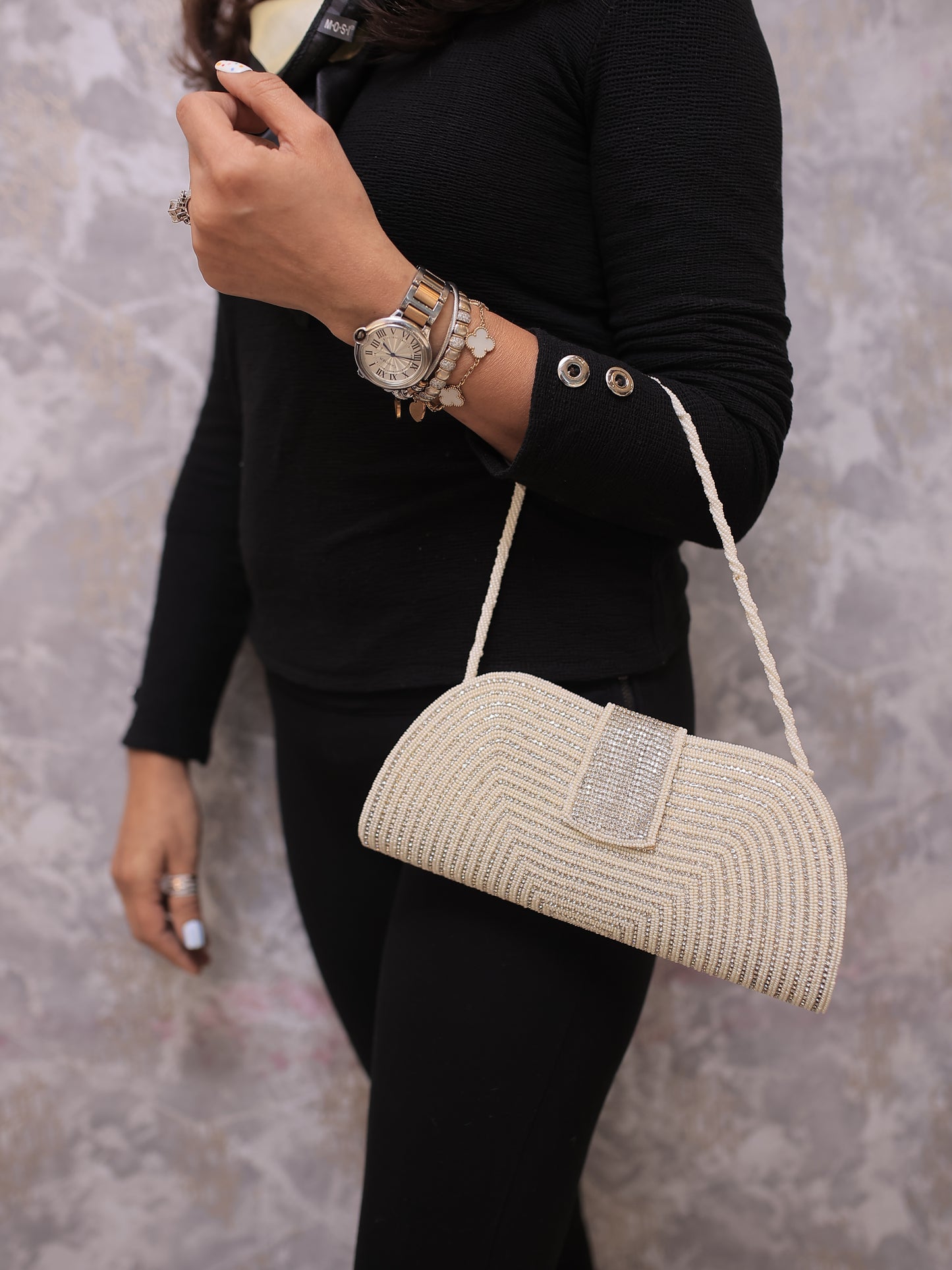 Cream Beaded Clutch with Stones and Centre Flap, with Sling