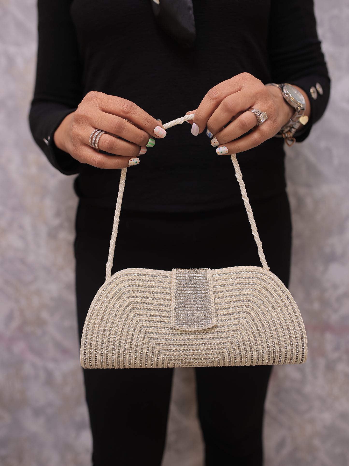 Cream Beaded Clutch with Stones and Centre Flap, with Sling