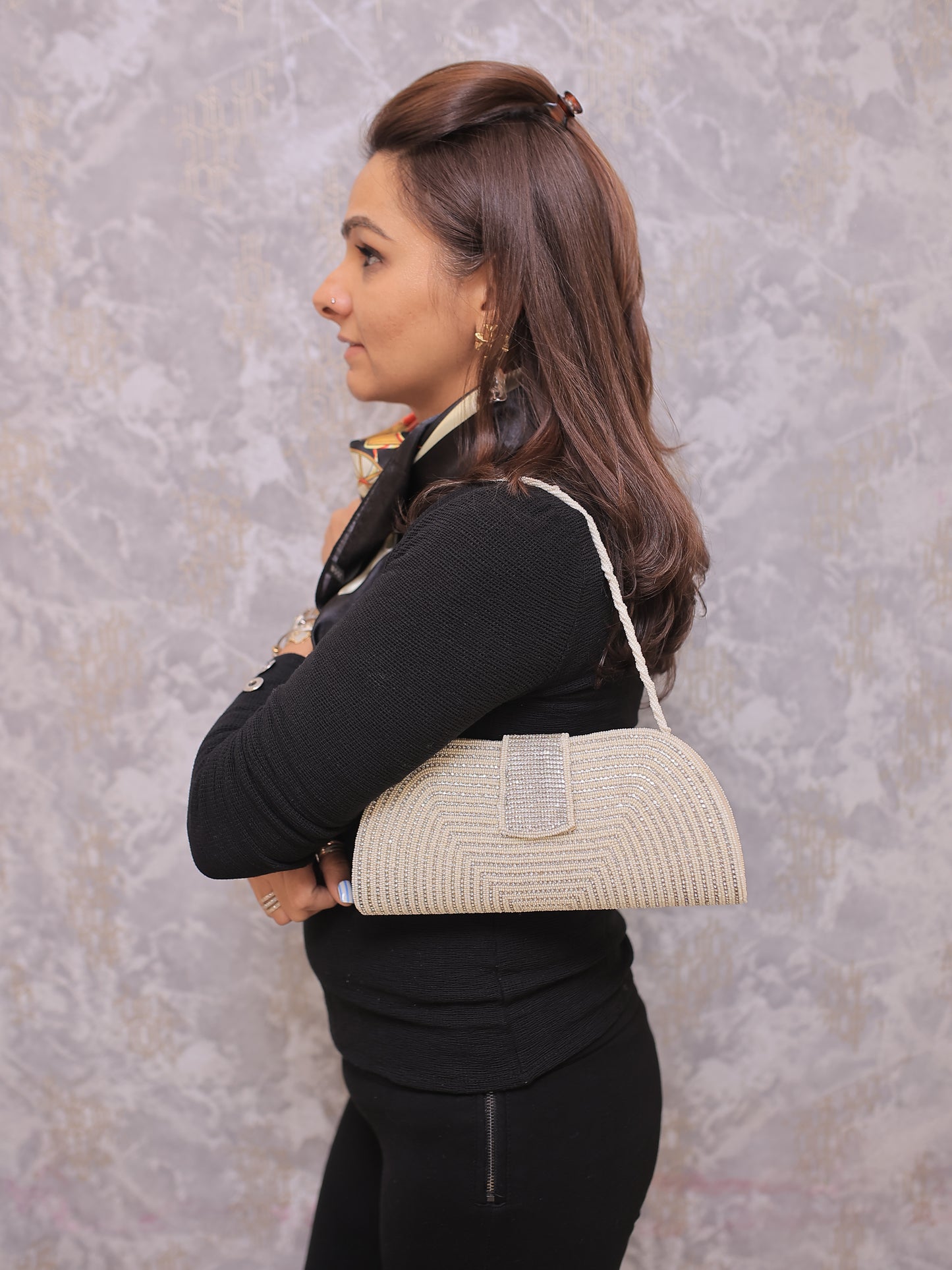 Cream Beaded Clutch with Stones and Centre Flap, with Sling