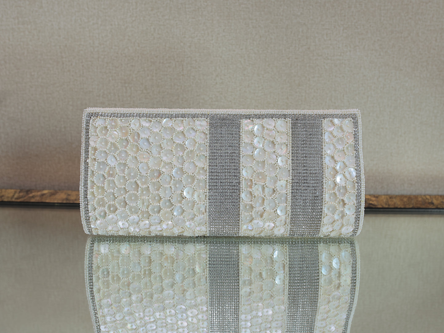 Cream Shell Clutch with Two Rows of Diamontees and Sling