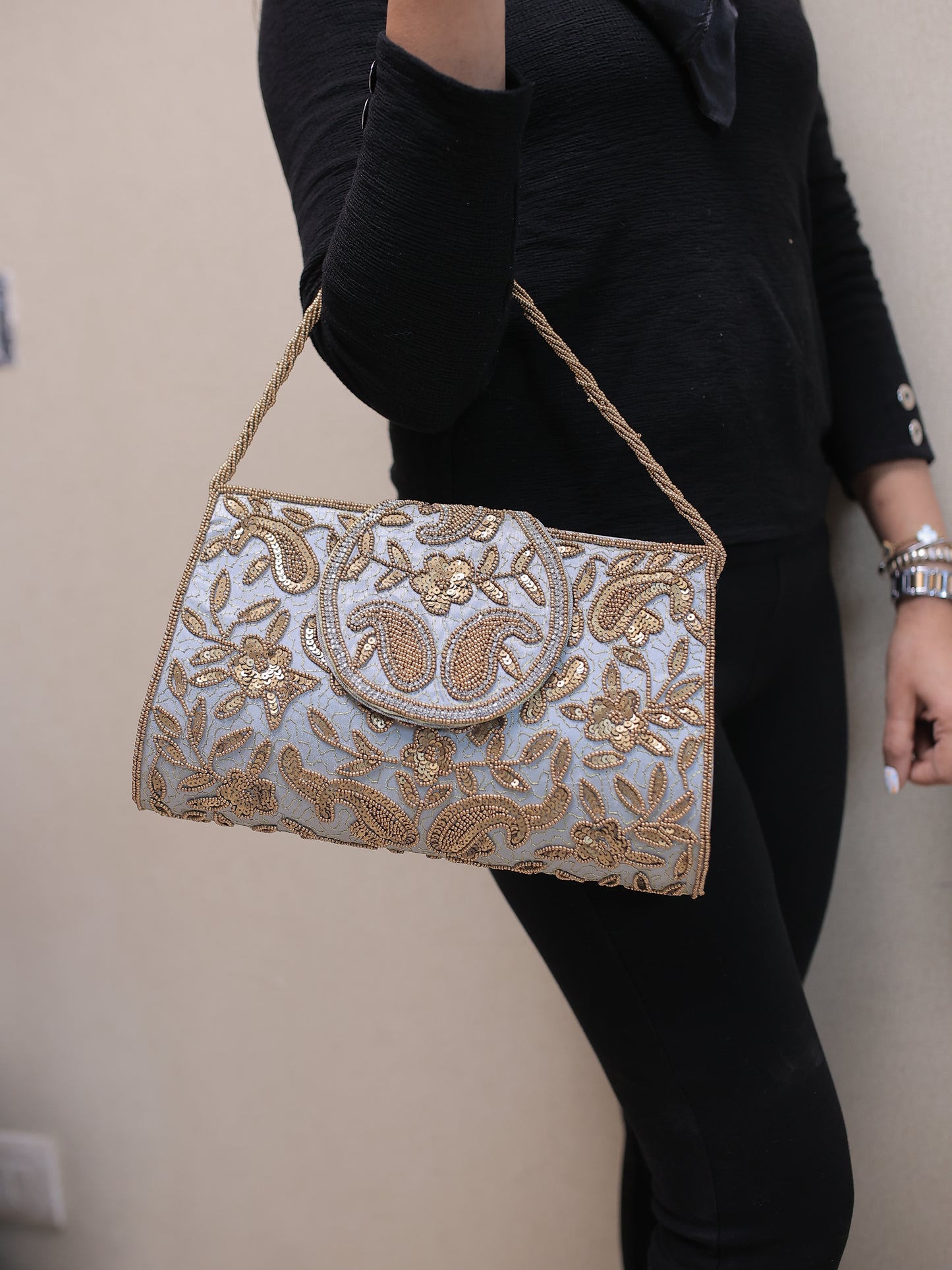 Grey/Turquoise Paisley Clutch (Big Size) with Sling