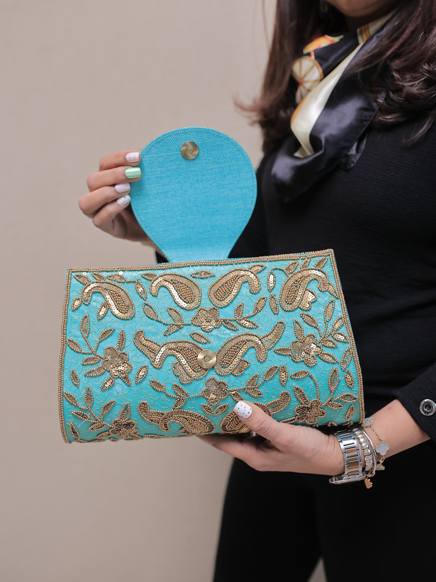 Grey/Turquoise Paisley Clutch (Big Size) with Sling