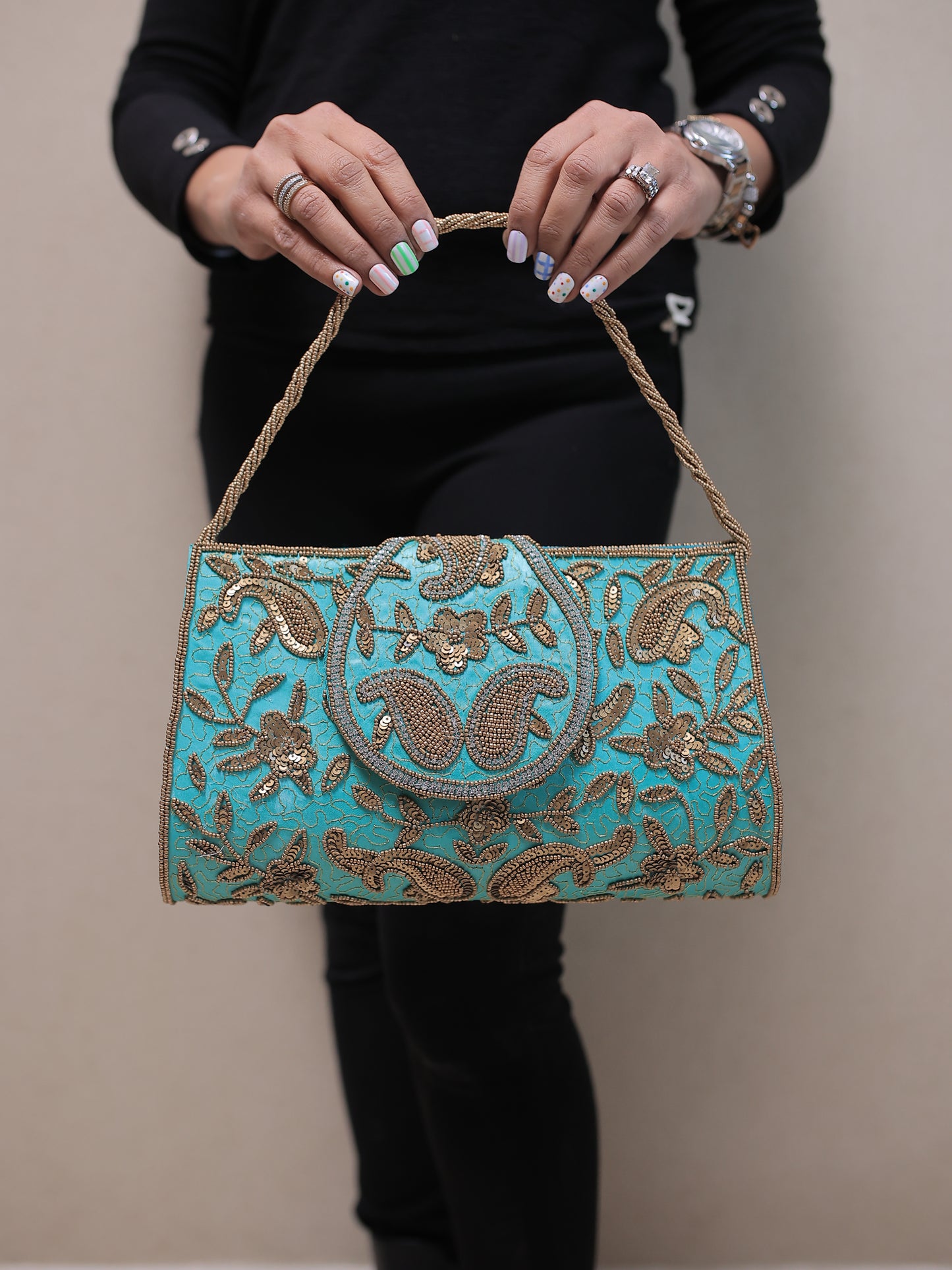 Grey/Turquoise Paisley Clutch (Big Size) with Sling