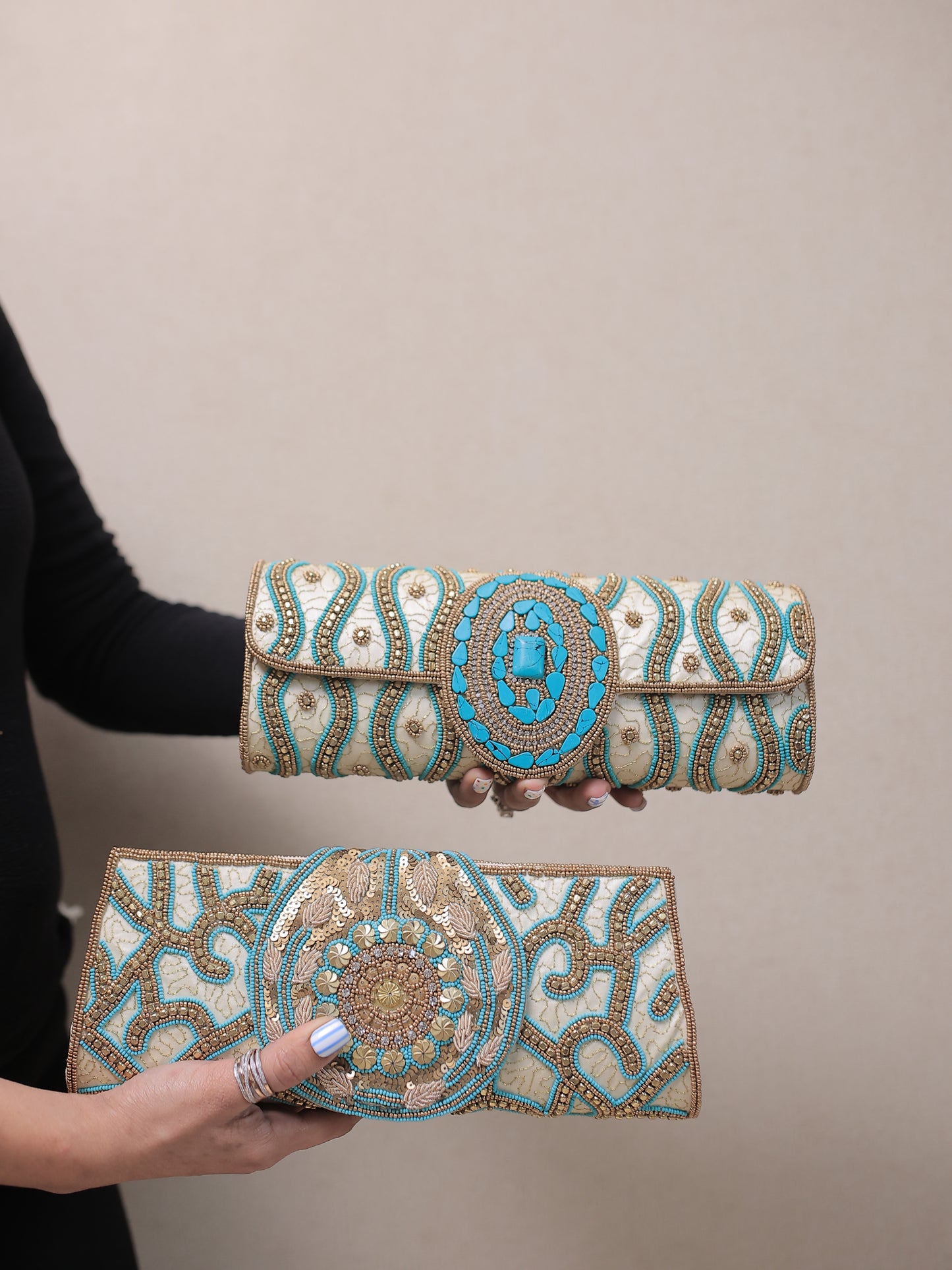 Beige and Turquoise Clutch with Round Flap and Sling