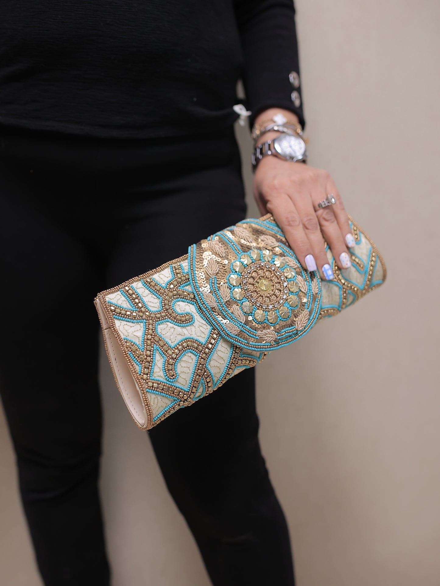 Beige and Turquoise Clutch with Round Flap and Sling