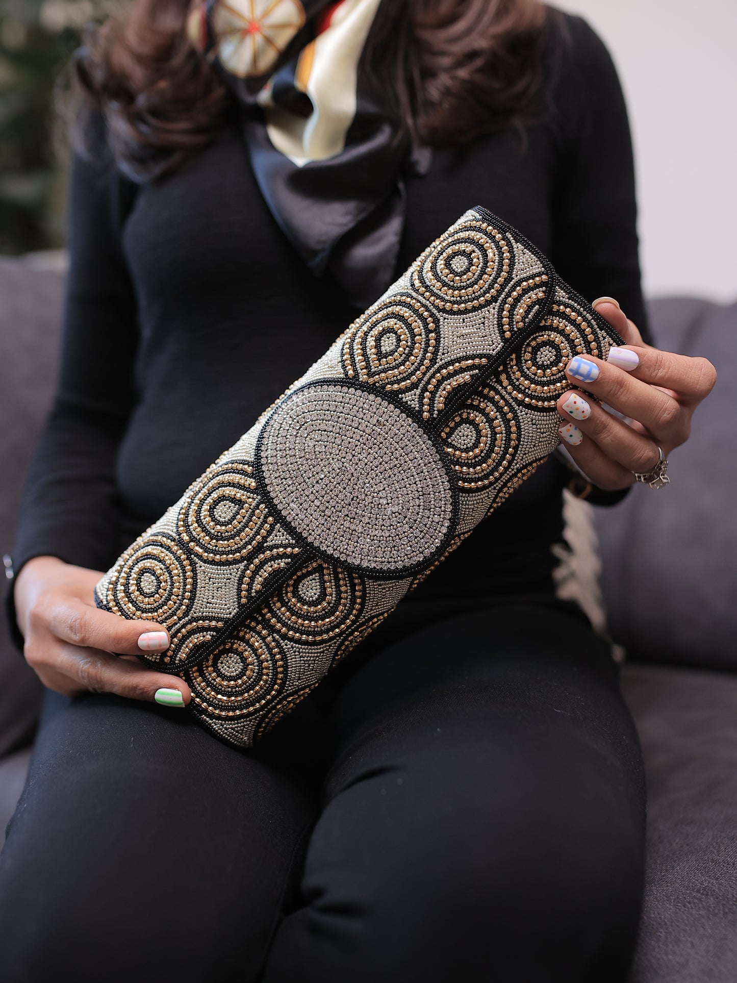 Black and Copper Tubular Clutch with Sling