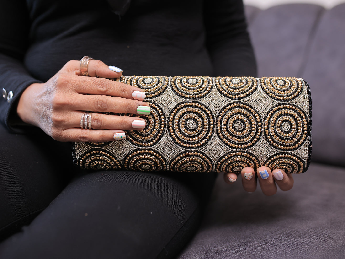 Black and Copper Tubular Clutch with Sling