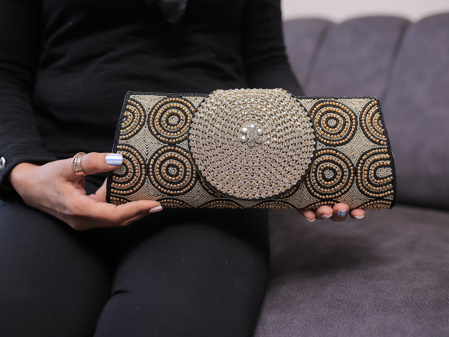 Black and Copper Circular Pattern Diamontee Round Flap Clutch