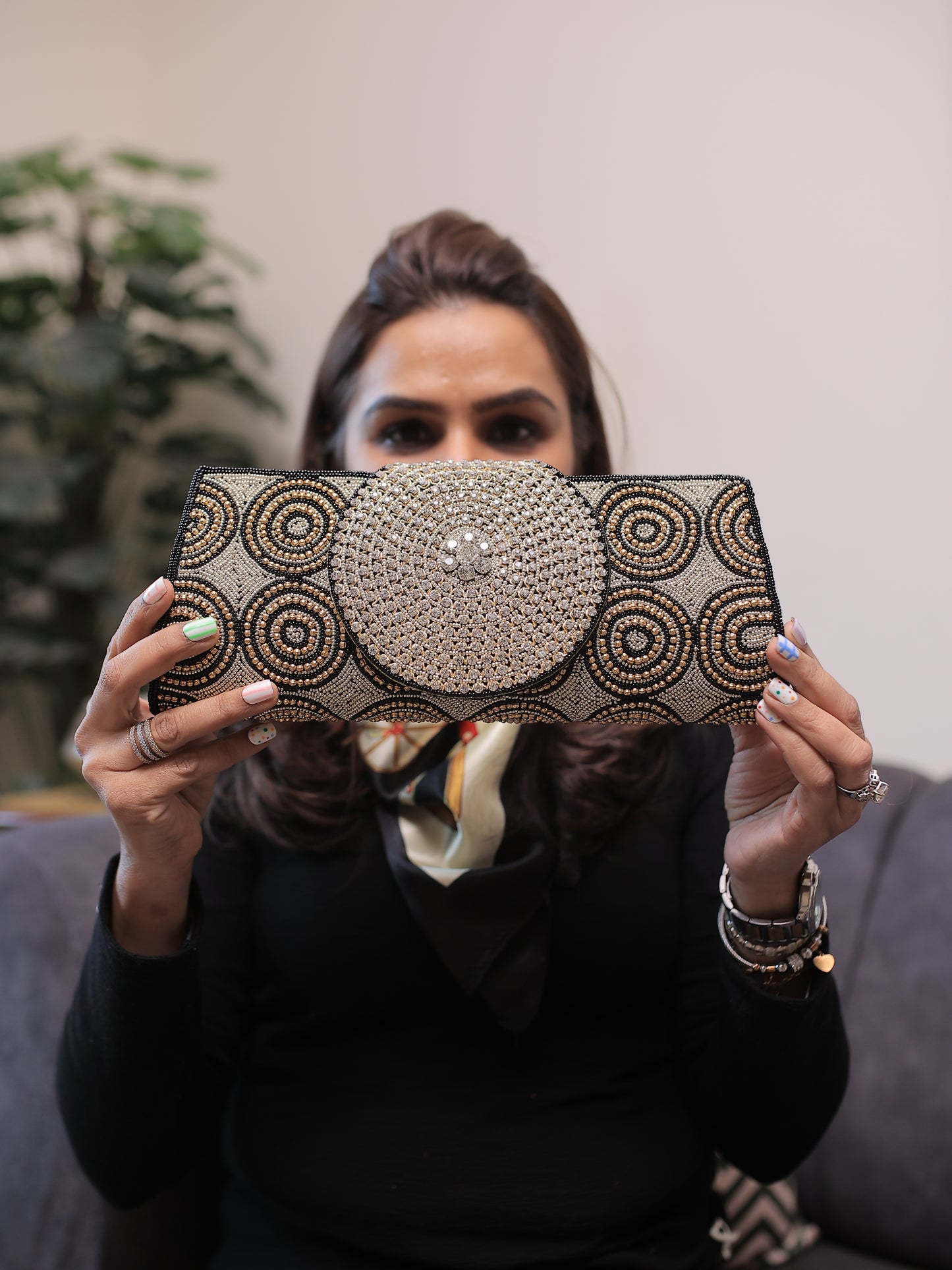 Black and Copper Circular Pattern Diamontee Round Flap Clutch