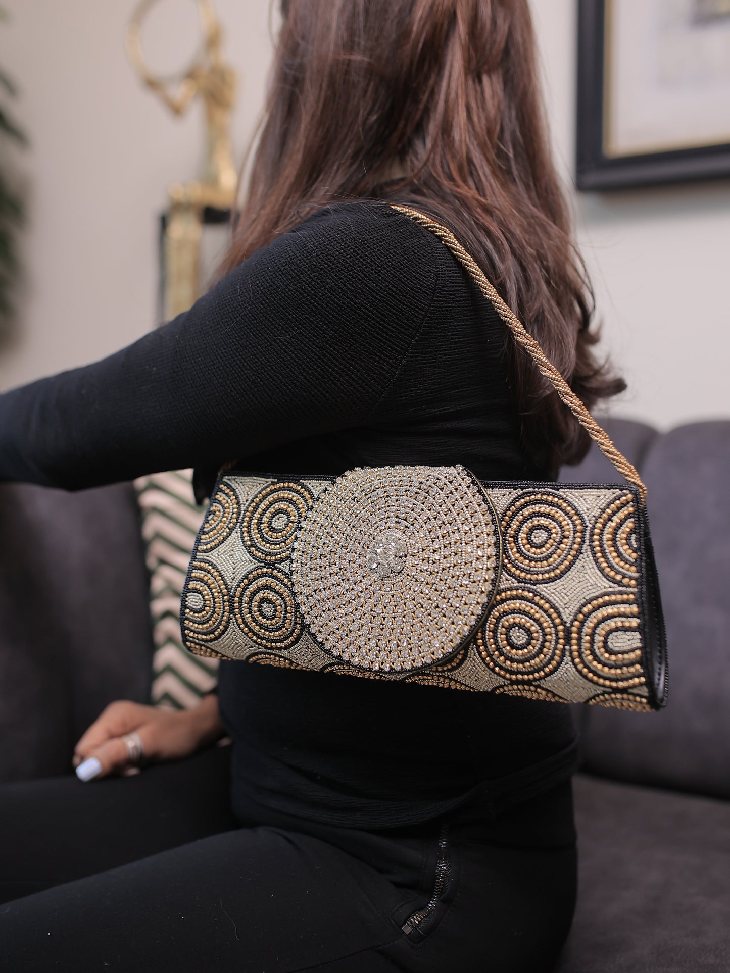 Black and Copper Circular Pattern Diamontee Round Flap Clutch