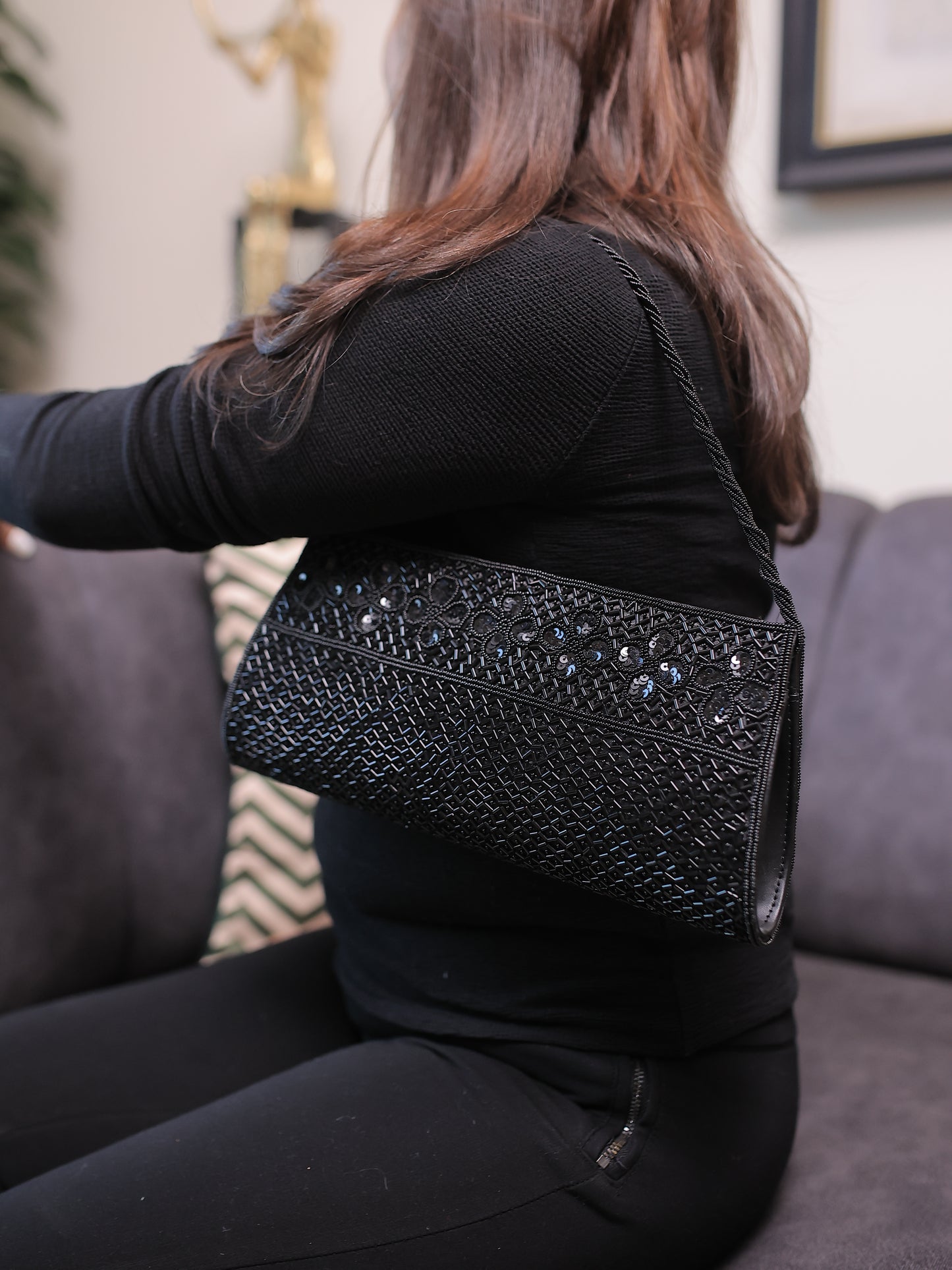 Black Sequin-Beaded Clutch with Sling