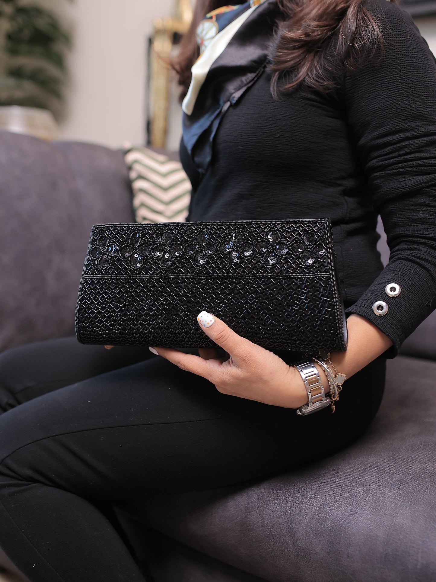 Black Sequin-Beaded Clutch with Sling